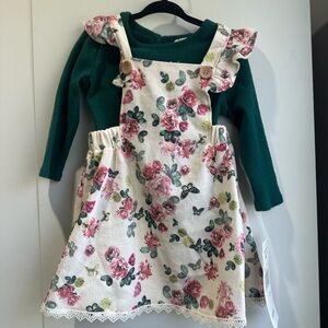 Rare Editions White Floral Pinafore Dress with Green Top
